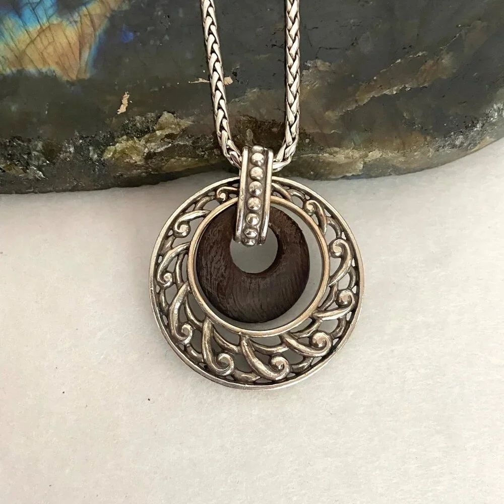 Brighton Katu Collection Silver Plated Round Wood Pendant Necklace 16